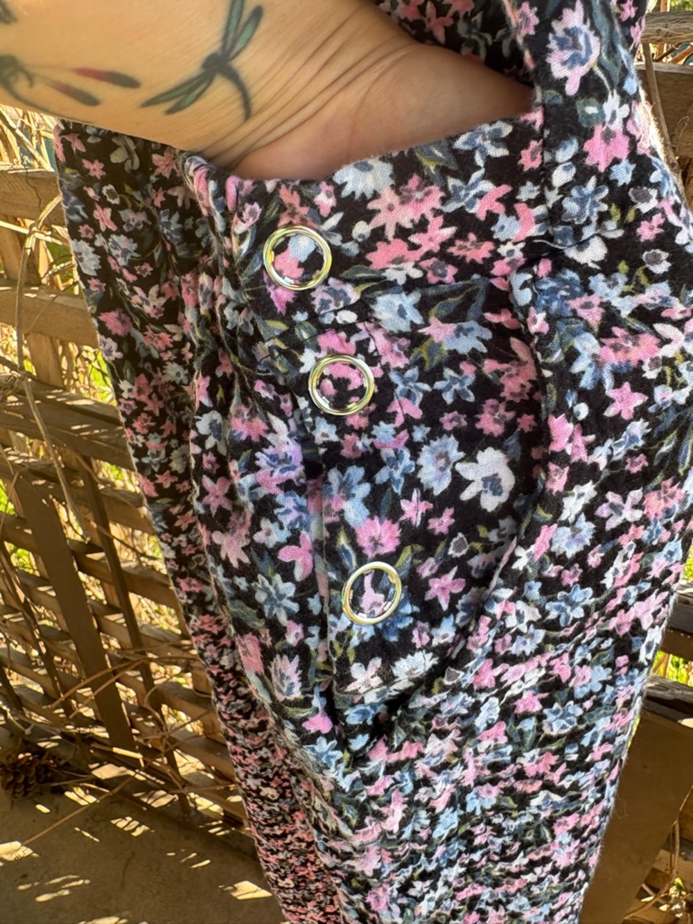 Floral Button-Front Women’s overalls in Black with Pink & Blue Flowers